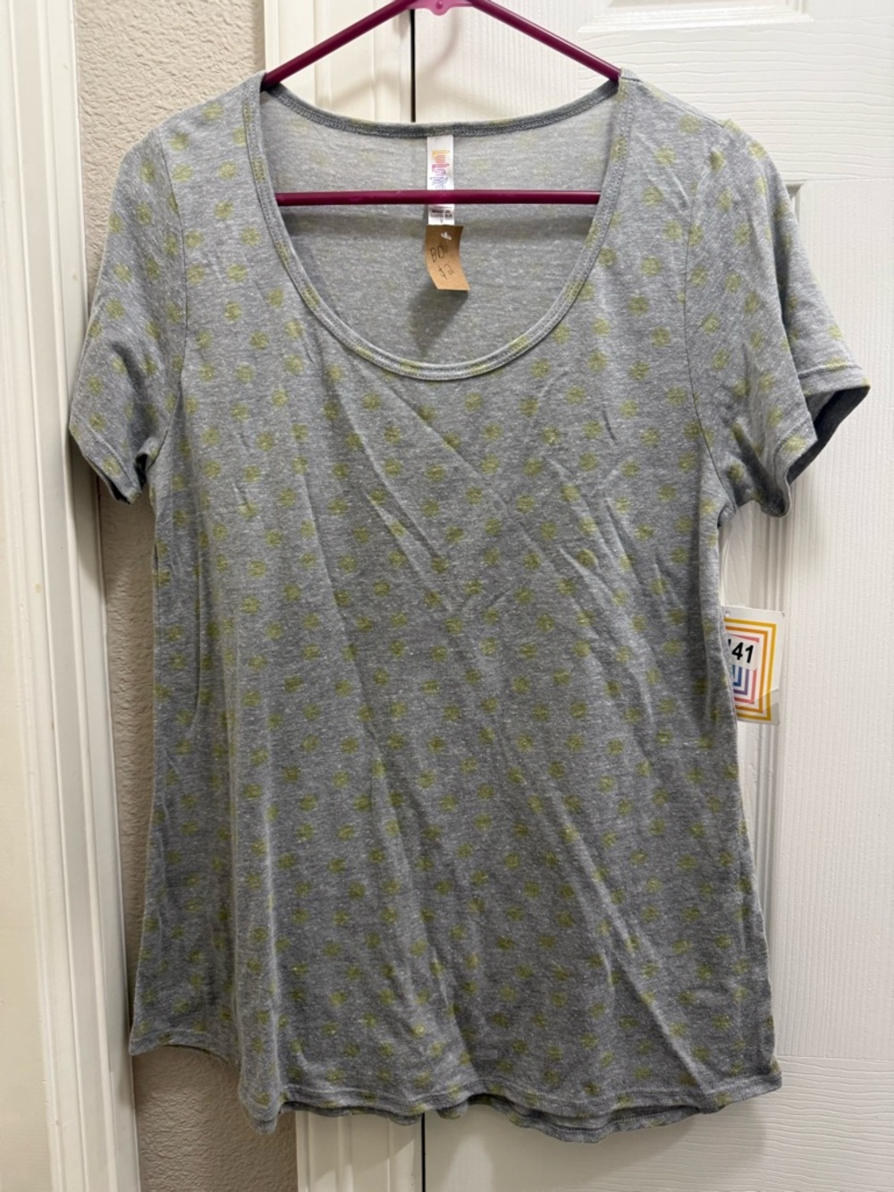 LuLaRoe Gray Classic Tee with Yellow Dot Pattern